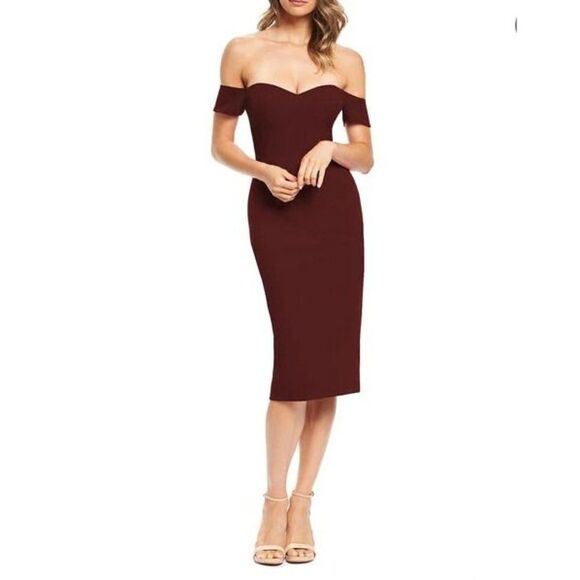 Dress The Population Womens Bailey Dress L Crepe Burgundy Off Shoulder Midi NWT - Picture 1 of 7